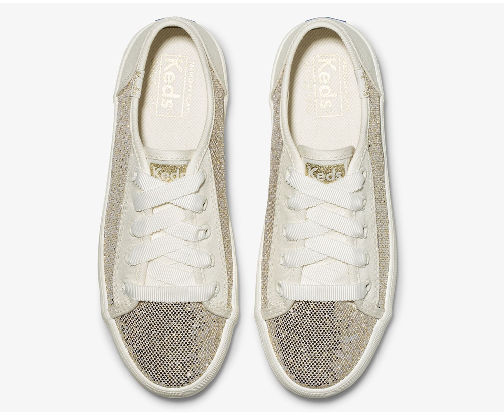 Πανινα Παπουτσια Παιδικα - Keds Kickstart Metallic Sparkle - Λευκα - QVGES3942